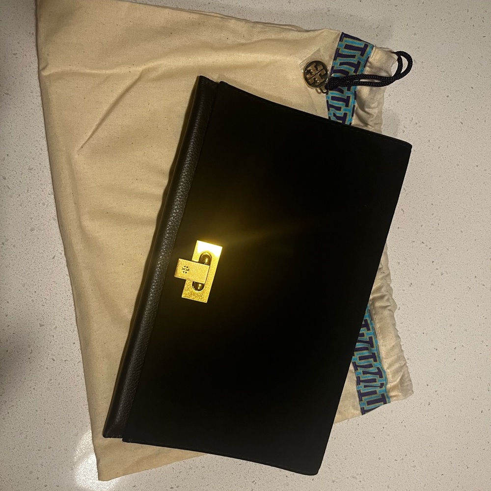 Tory Burch Carmen Black Suede Leather Clutch. EUC!